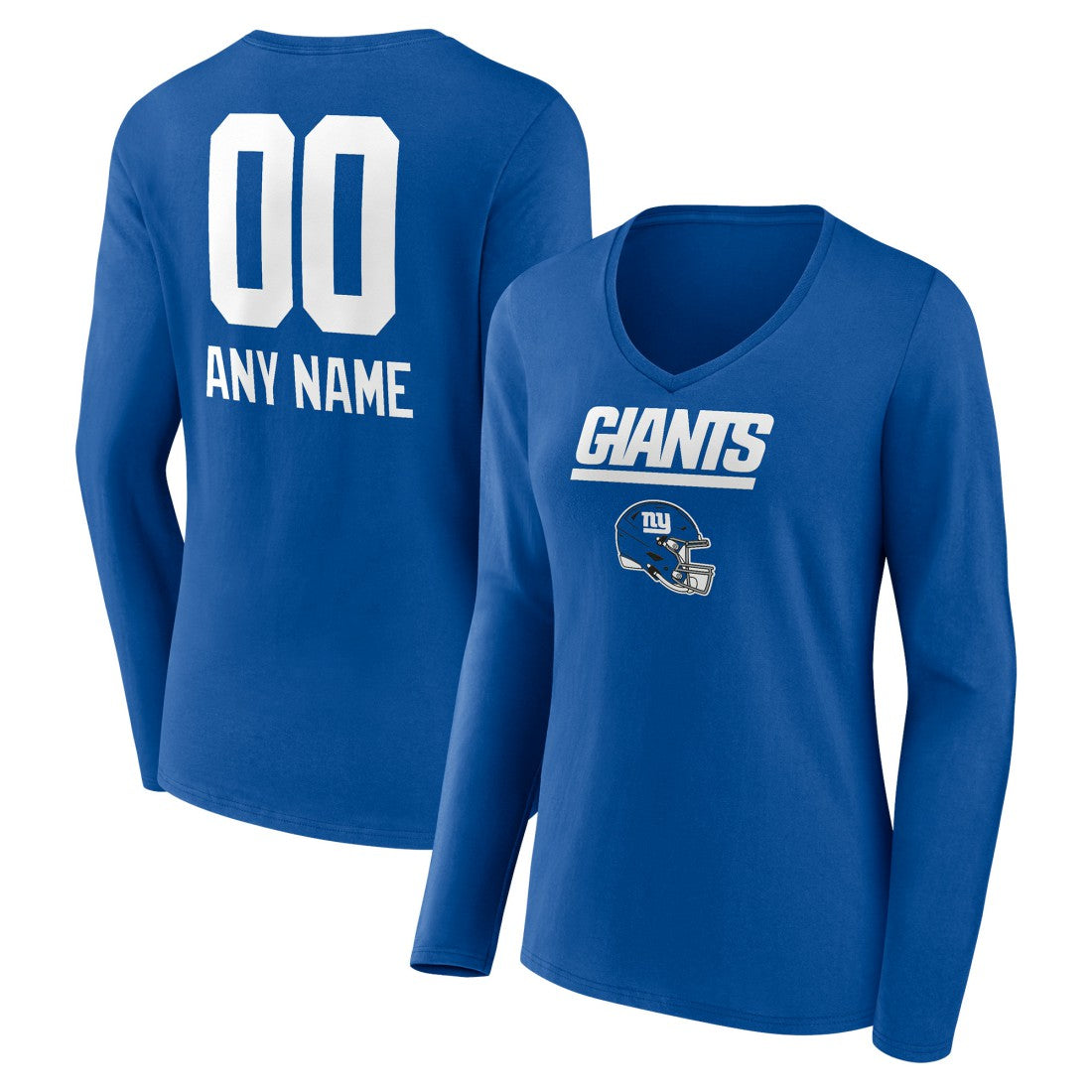 New York Giants Women's Personalized Name & Number Team Wordmark Long Sleeve V-Neck T-Shirt Royal | NFL