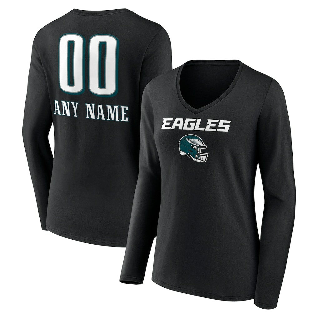 Philadelphia Eagles Women's Personalized Name & Number Team Wordmark Long Sleeve V-Neck T-Shirt Black | NFL