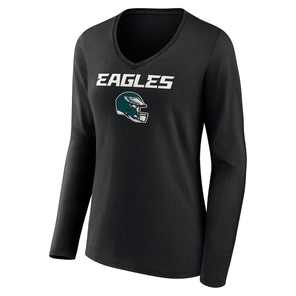 Philadelphia Eagles Women's Personalized Name & Number Team Wordmark Long Sleeve V-Neck T-Shirt Black | NFL