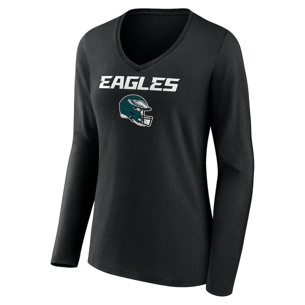 Philadelphia Eagles Women's Personalized Name & Number Team Wordmark Long Sleeve V-Neck T-Shirt Black | NFL
