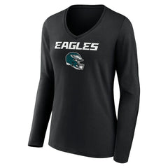 Philadelphia Eagles Women's Personalized Name & Number Team Wordmark Long Sleeve V-Neck T-Shirt Black | NFL