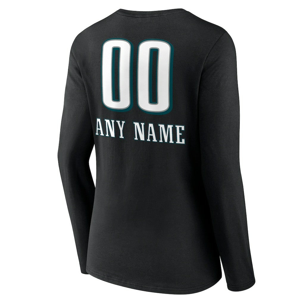 Philadelphia Eagles Women's Personalized Name & Number Team Wordmark Long Sleeve V-Neck T-Shirt Black | NFL