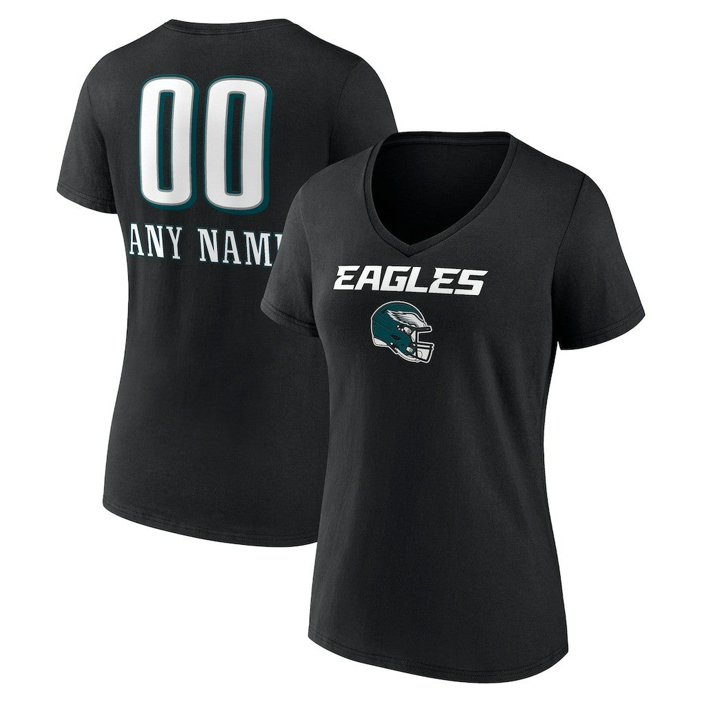 Philadelphia Eagles Women's Personalized Name & Number Team Wordmark V-Neck T-Shirt Black | NFL