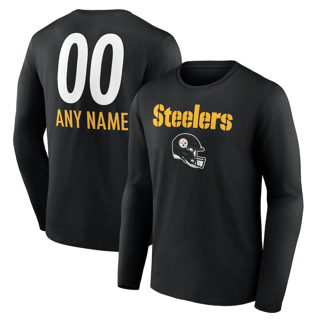 Pittsburgh Steelers Personalized Name & Number Team Wordmark Long Sleeve T-Shirt Black | NFL