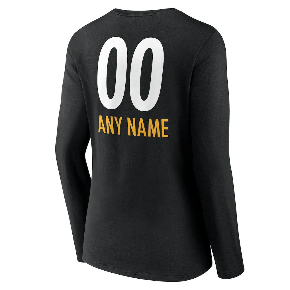 Pittsburgh Steelers Women's Personalized Name & Number Team Wordmark Long Sleeve V-Neck T-Shirt Black | NFL