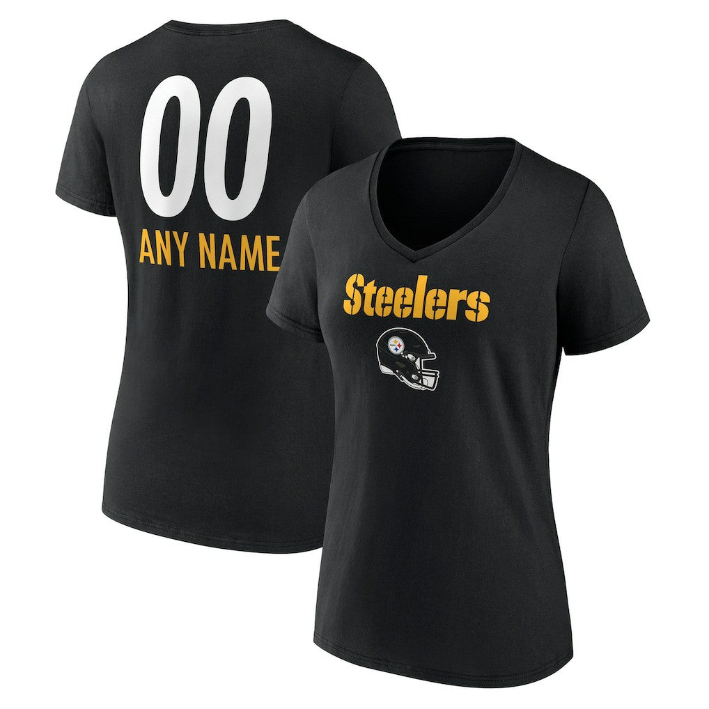 Pittsburgh Steelers Women's Personalized Name & Number Team Wordmark V-Neck T-Shirt Black | NFL
