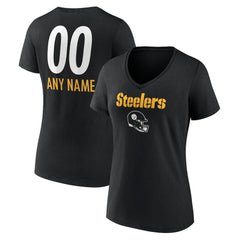 Pittsburgh Steelers Women's Personalized Name & Number Team Wordmark V-Neck T-Shirt Black | NFL