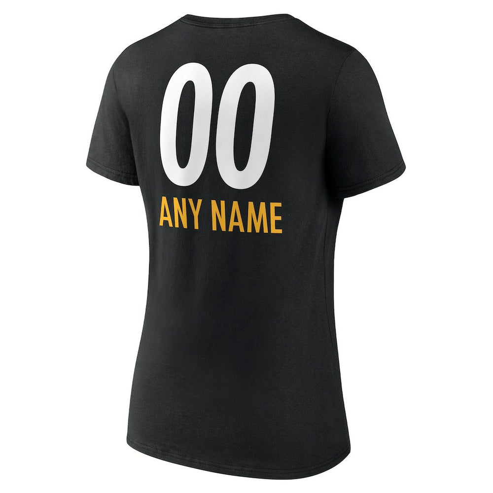 Pittsburgh Steelers Women's Personalized Name & Number Team Wordmark V-Neck T-Shirt Black | NFL