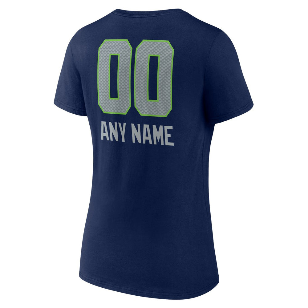 Seattle Seahawks Women's Personalized Name & Number Team Wordmark V-Neck T-Shirt College Navy | NFL