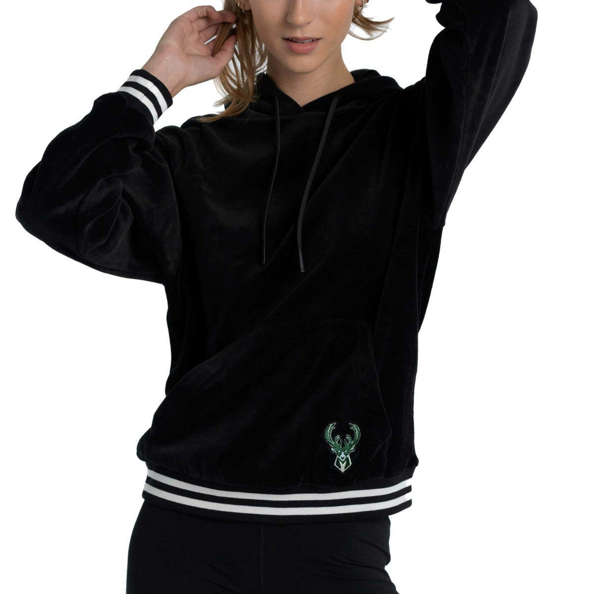 Milwaukee Bucks Lusso Women's Nellie Oversized Velour Pullover Hoodie Black - NBA