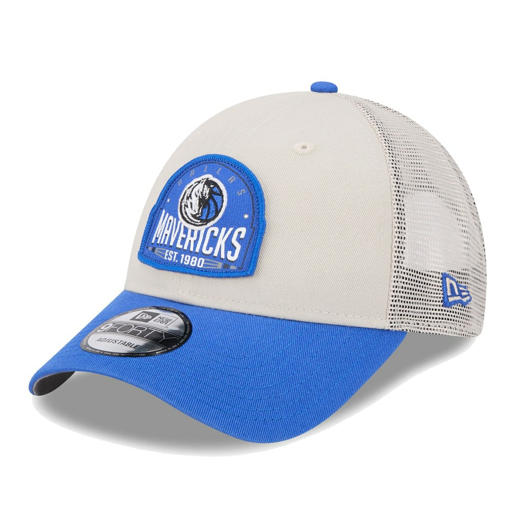 Dallas Mavericks Throwback Patch Trucker 9FORTY Adjustable Hat Khaki/Blue - NBA