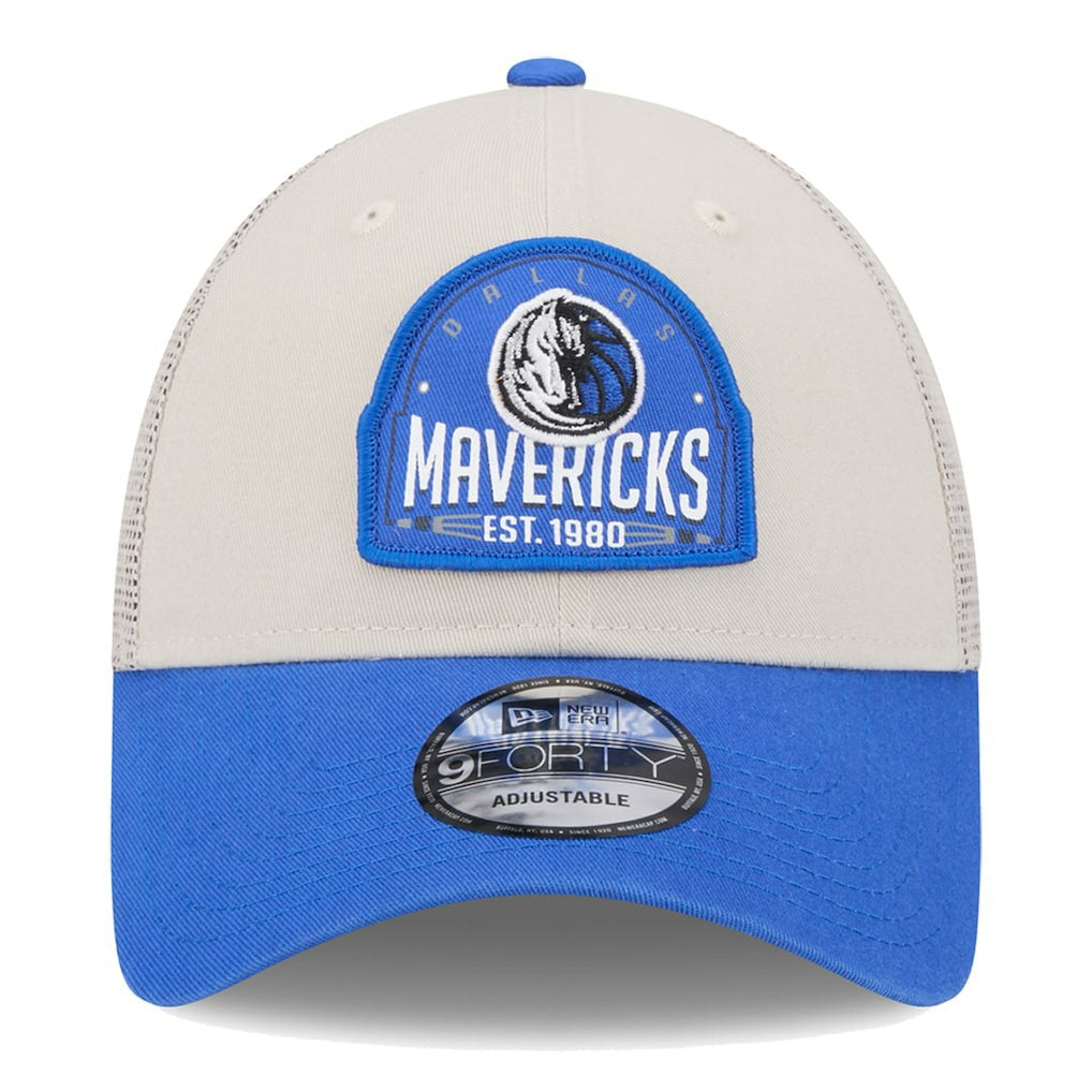 Dallas Mavericks Throwback Patch Trucker 9FORTY Adjustable Hat Khaki/Blue - NBA