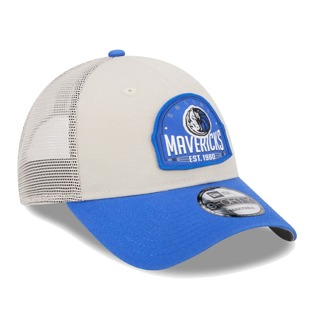 Dallas Mavericks Throwback Patch Trucker 9FORTY Adjustable Hat Khaki/Blue - NBA
