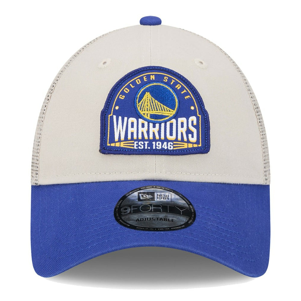 Golden State Warriors Throwback Patch Trucker 9FORTY Adjustable Hat Khaki/Royal - NBA