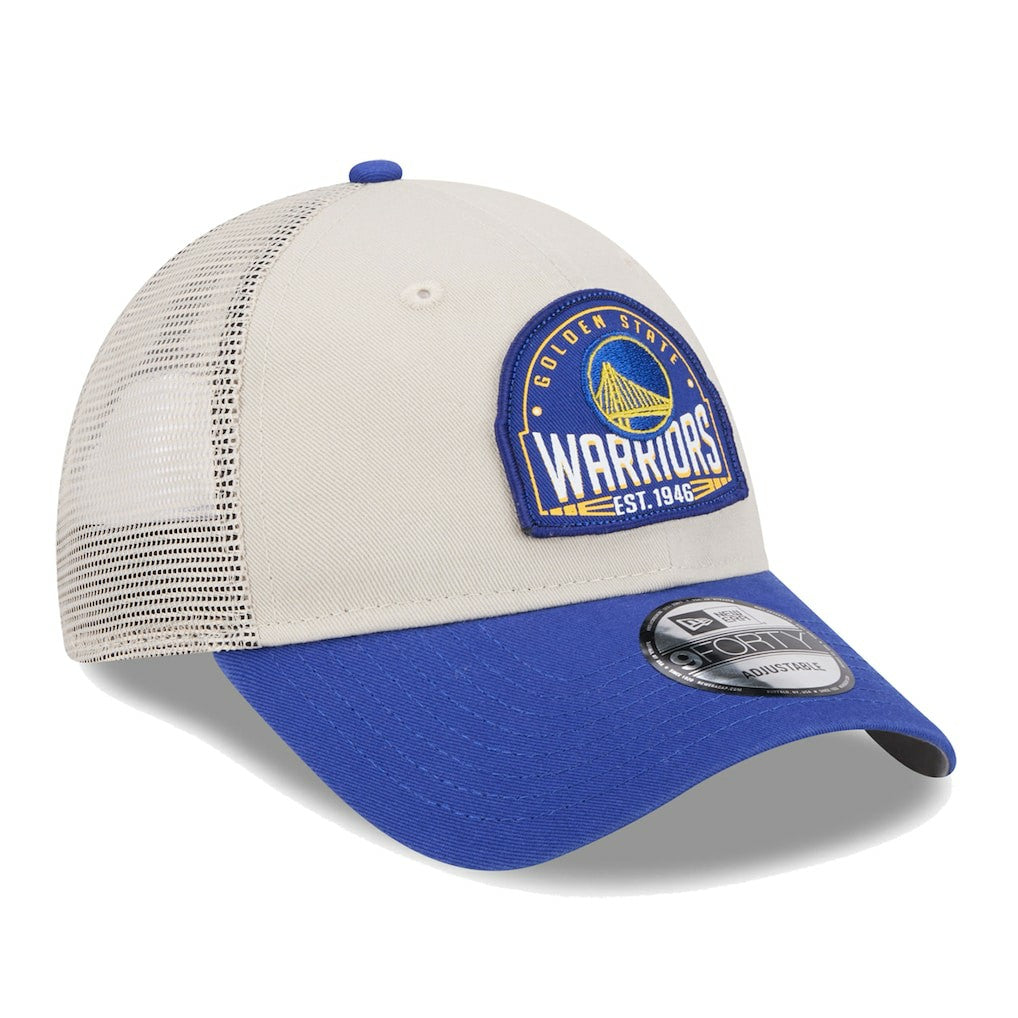 Golden State Warriors Throwback Patch Trucker 9FORTY Adjustable Hat Khaki/Royal - NBA