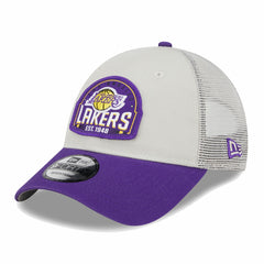 Los Angeles Lakers Throwback Patch Trucker 9FORTY Adjustable Hat Khaki/Purple - NBA
