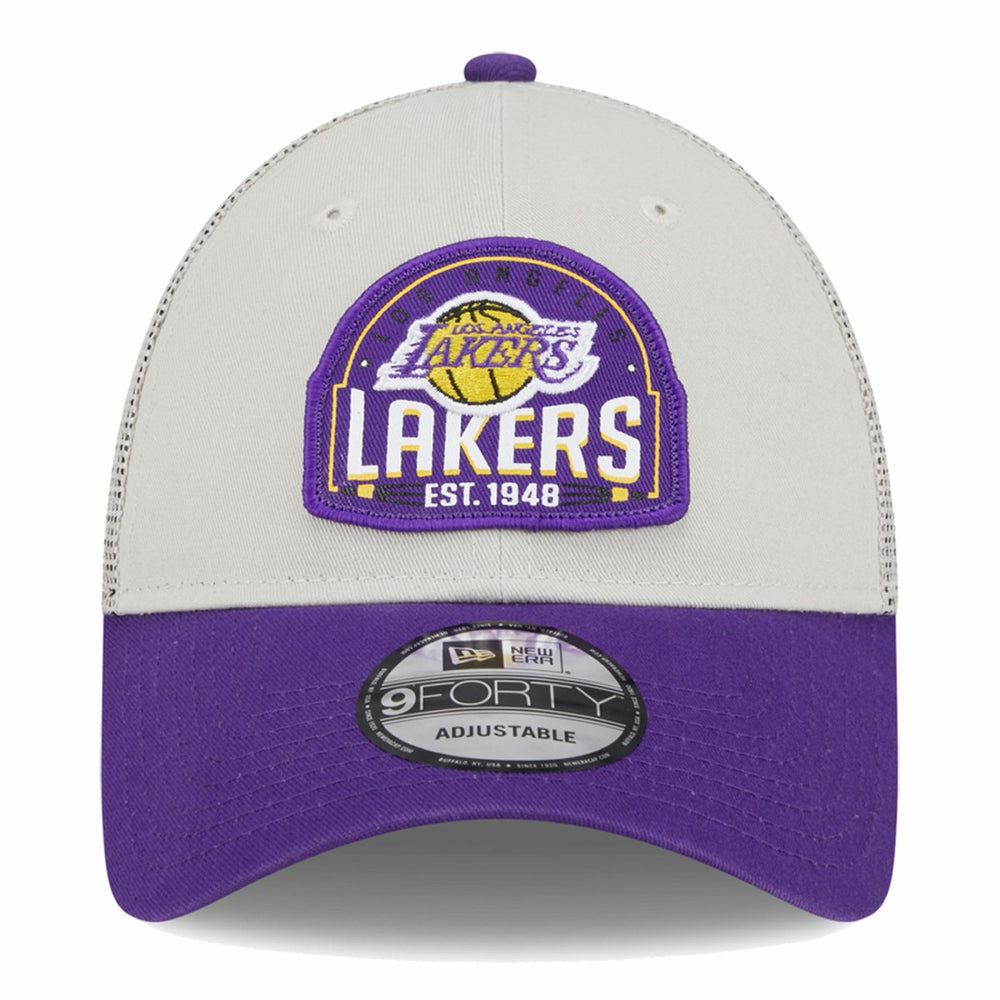 Los Angeles Lakers Throwback Patch Trucker 9FORTY Adjustable Hat Khaki/Purple - NBA