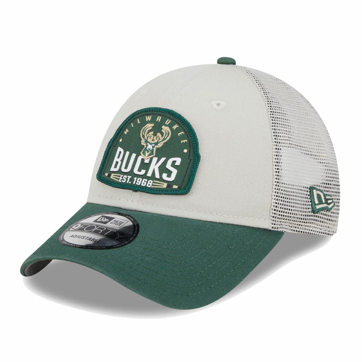 Milwaukee Bucks Throwback Patch Trucker 9FORTY Adjustable Hat Khaki/Hunter Green - NBA