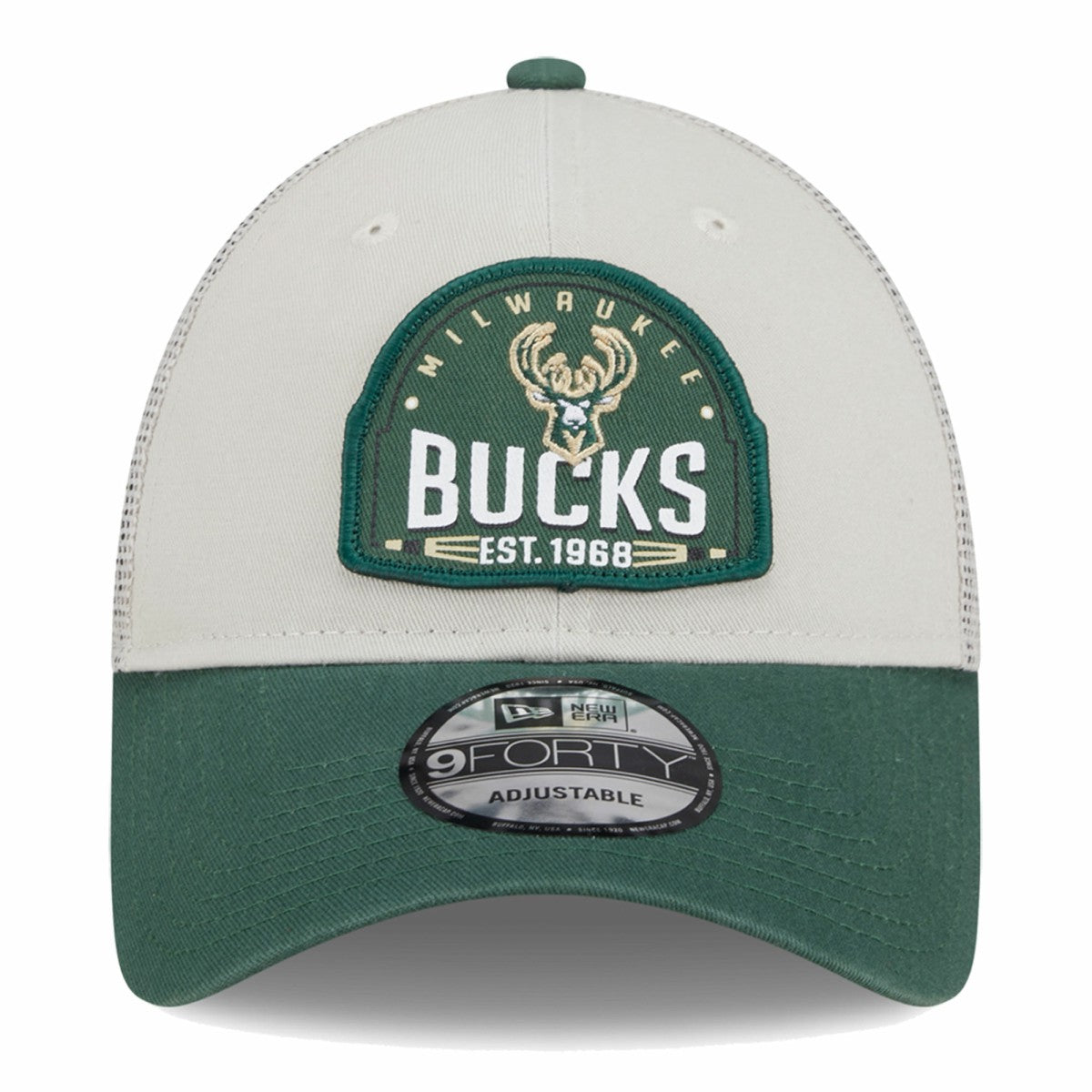 Milwaukee Bucks Throwback Patch Trucker 9FORTY Adjustable Hat Khaki/Hunter Green - NBA