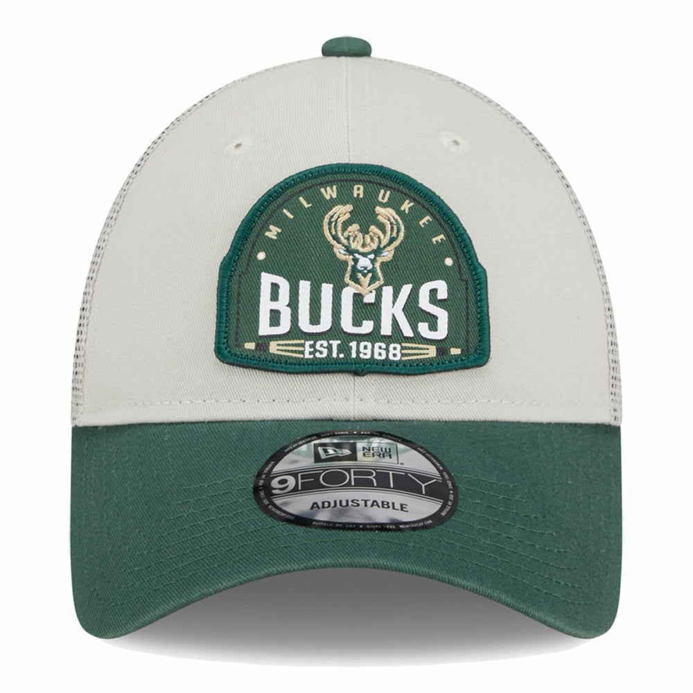 Milwaukee Bucks Throwback Patch Trucker 9FORTY Adjustable Hat Khaki/Hunter Green - NBA