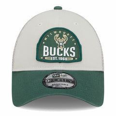Milwaukee Bucks Throwback Patch Trucker 9FORTY Adjustable Hat Khaki/Hunter Green - NBA
