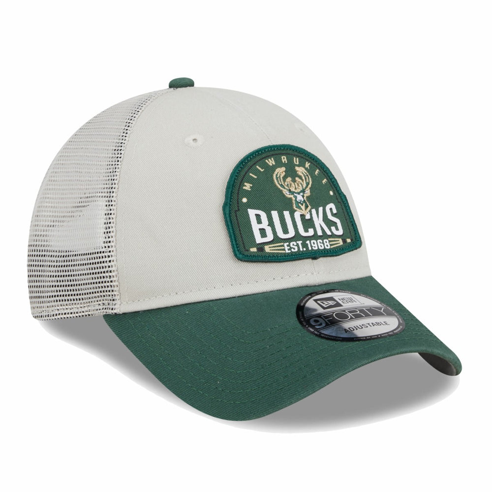 Milwaukee Bucks Throwback Patch Trucker 9FORTY Adjustable Hat Khaki/Hunter Green - NBA