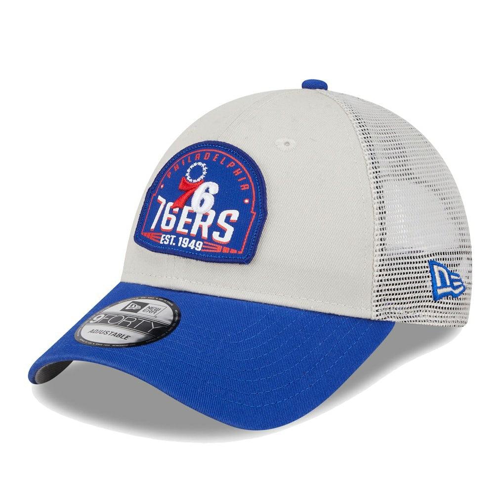 Philadelphia 76ers Throwback Patch Trucker 9FORTY Adjustable Hat Khaki/Royal - NBA