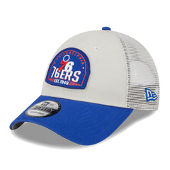 Philadelphia 76ers Throwback Patch Trucker 9FORTY Adjustable Hat Khaki/Royal - NBA