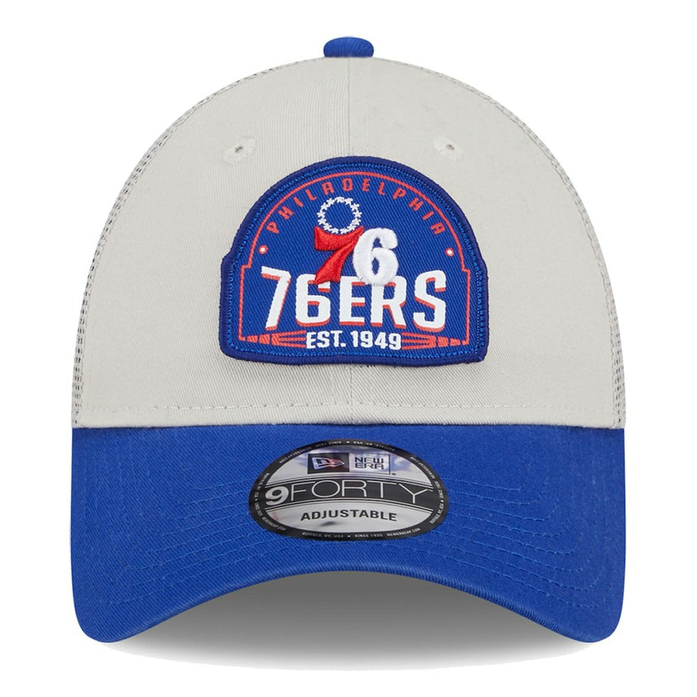 Philadelphia 76ers Throwback Patch Trucker 9FORTY Adjustable Hat Khaki/Royal - NBA