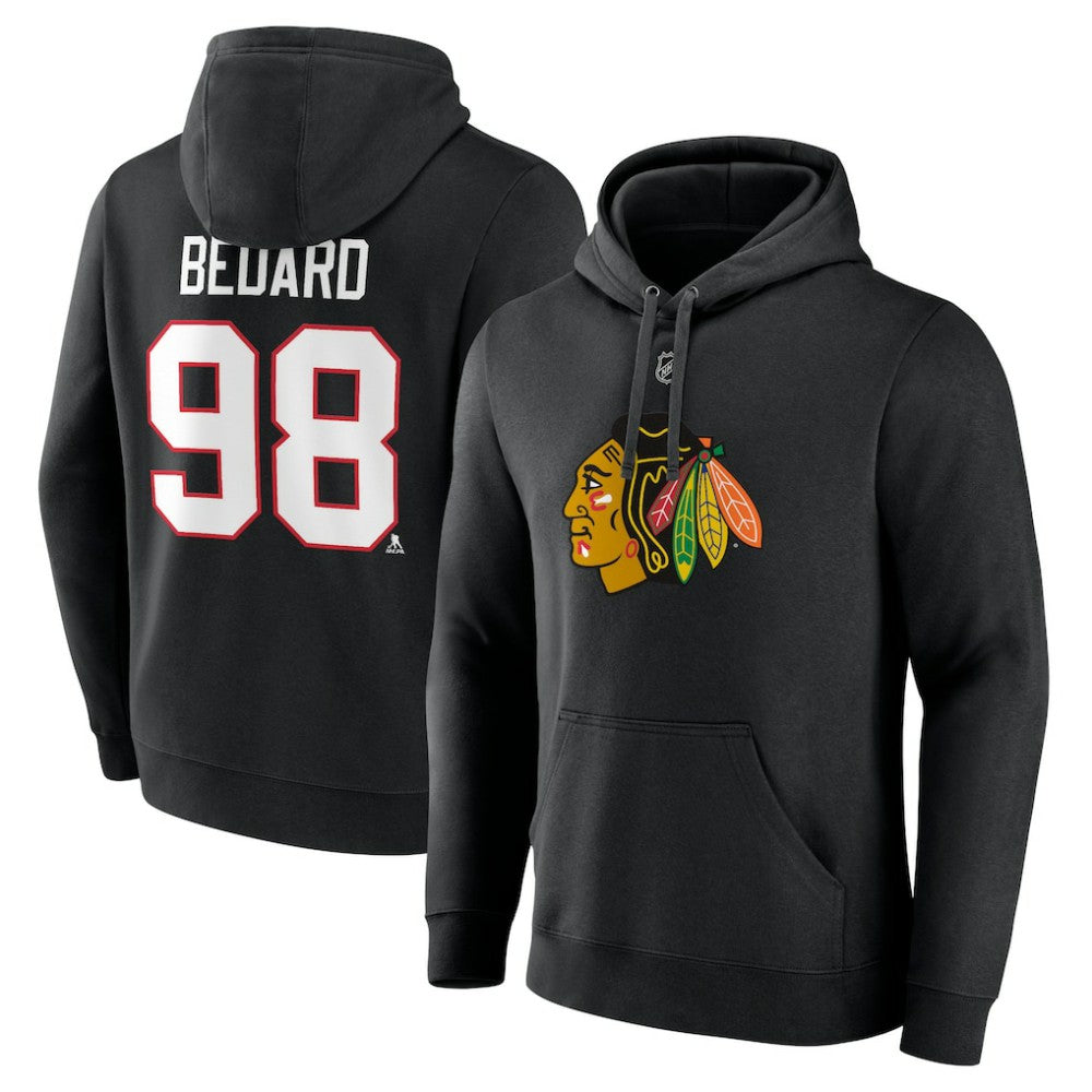 Connor Bedard Chicago Blackhawks Fanatics Authentic Stack Name & Number Tri-Blend Pullover Hoodie - Black - NHL