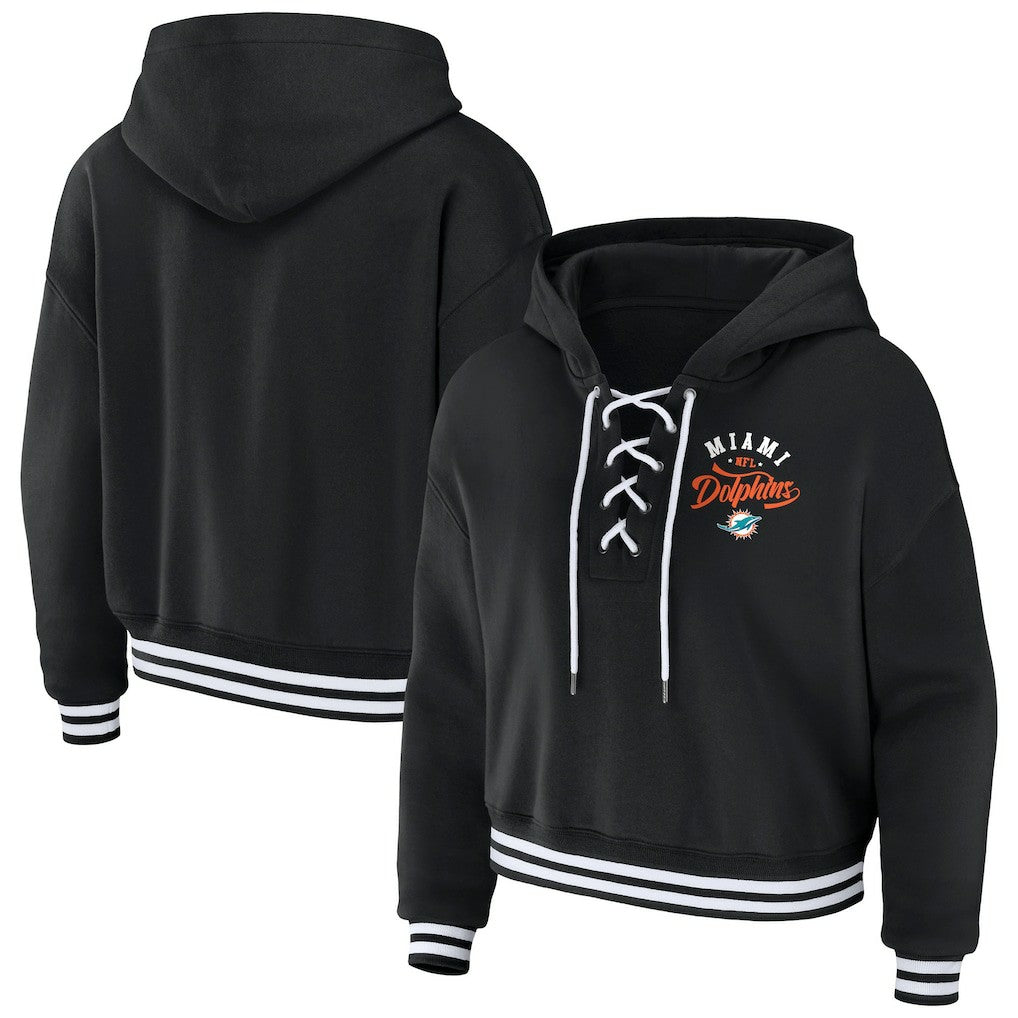 Miami Dolphins WEAR by Erin Andrews Women's Lace-Up Pullover Hoodie Black | NFL