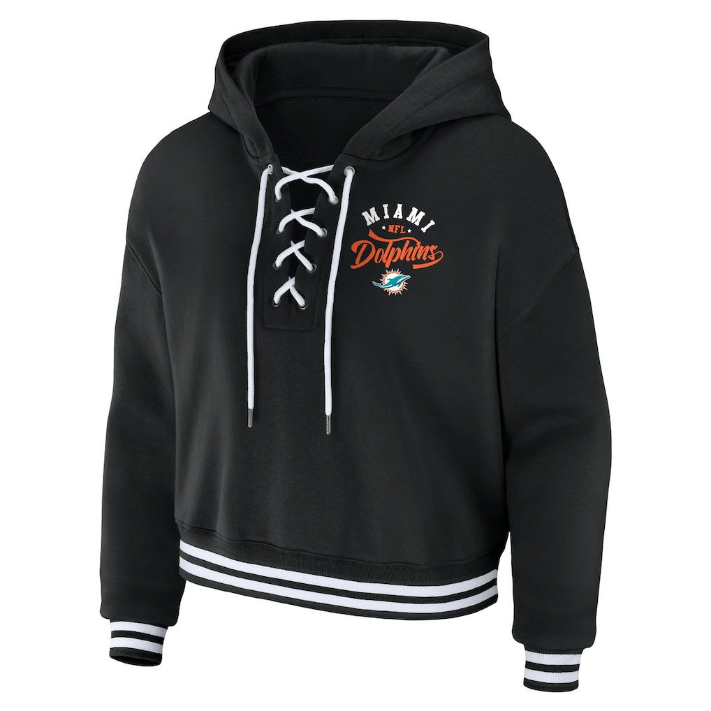 Miami Dolphins WEAR by Erin Andrews Women's Lace-Up Pullover Hoodie Black | NFL