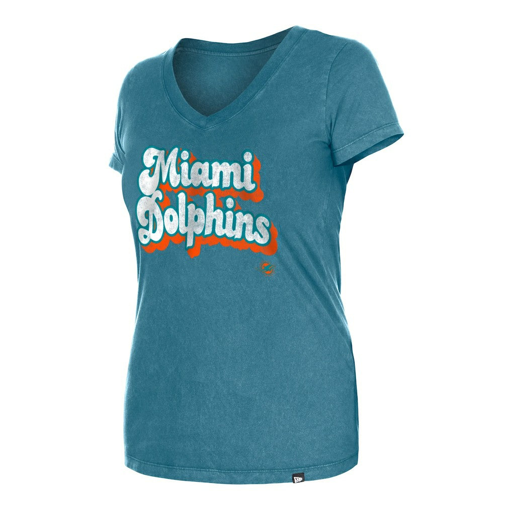 Miami Dolphins New Era Women's Enzyme Wash Low V-Neck T-Shirt Aqua | NFL