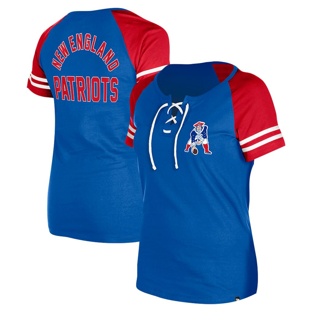 New England Patriots New Era Women's Throwback Lace-Up Raglan T-Shirt Royal | NFL