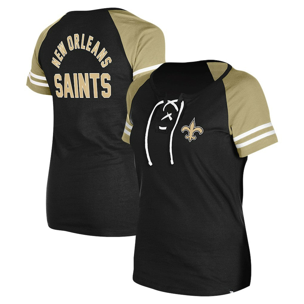 New Orleans Saints New Era Women's Lace-Up Raglan T-Shirt Black | NFL