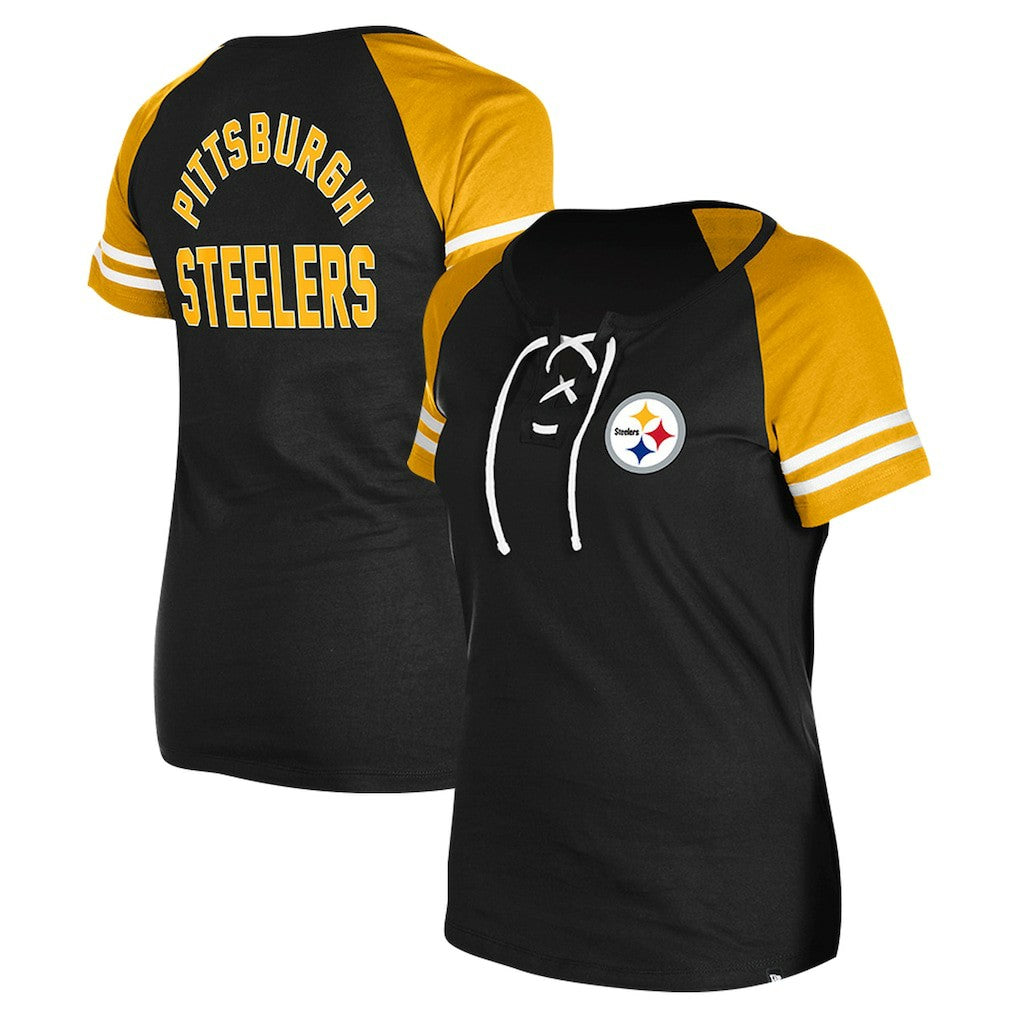 Pittsburgh Steelers New Era Women's Lace-Up Raglan T-Shirt Black | NFL