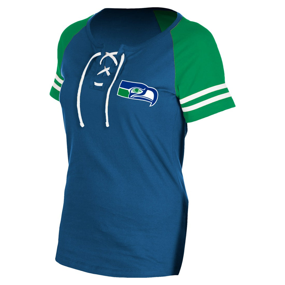 Seattle Seahawks New Era Women's Throwback Lace-Up Raglan T-Shirt Royal | NFL