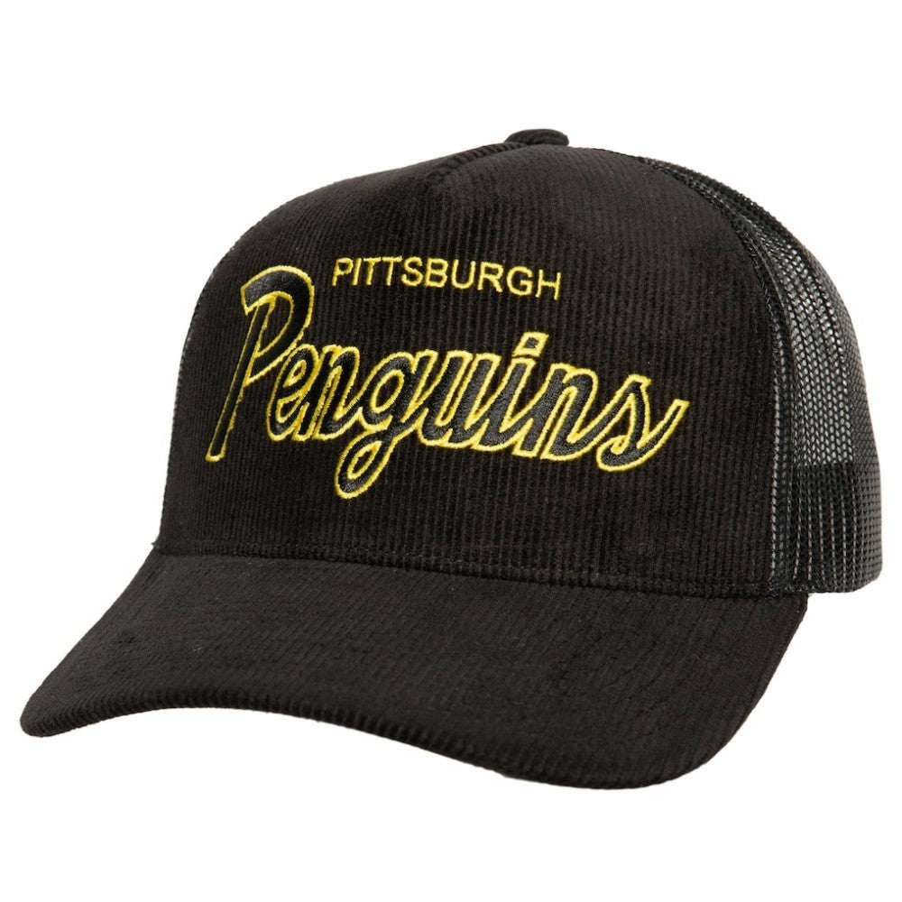 Pittsburgh Penguins Mitchell & Ness Times Up Classic Script Cord Trucker Adjustable Hat - Black - NHL