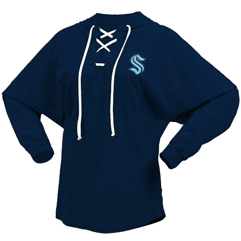 Seattle Kraken Fanatics Women's Jersey Lace-Up V-Neck Long Sleeve Hoodie T-Shirt - Deep Sea Blue - NHL
