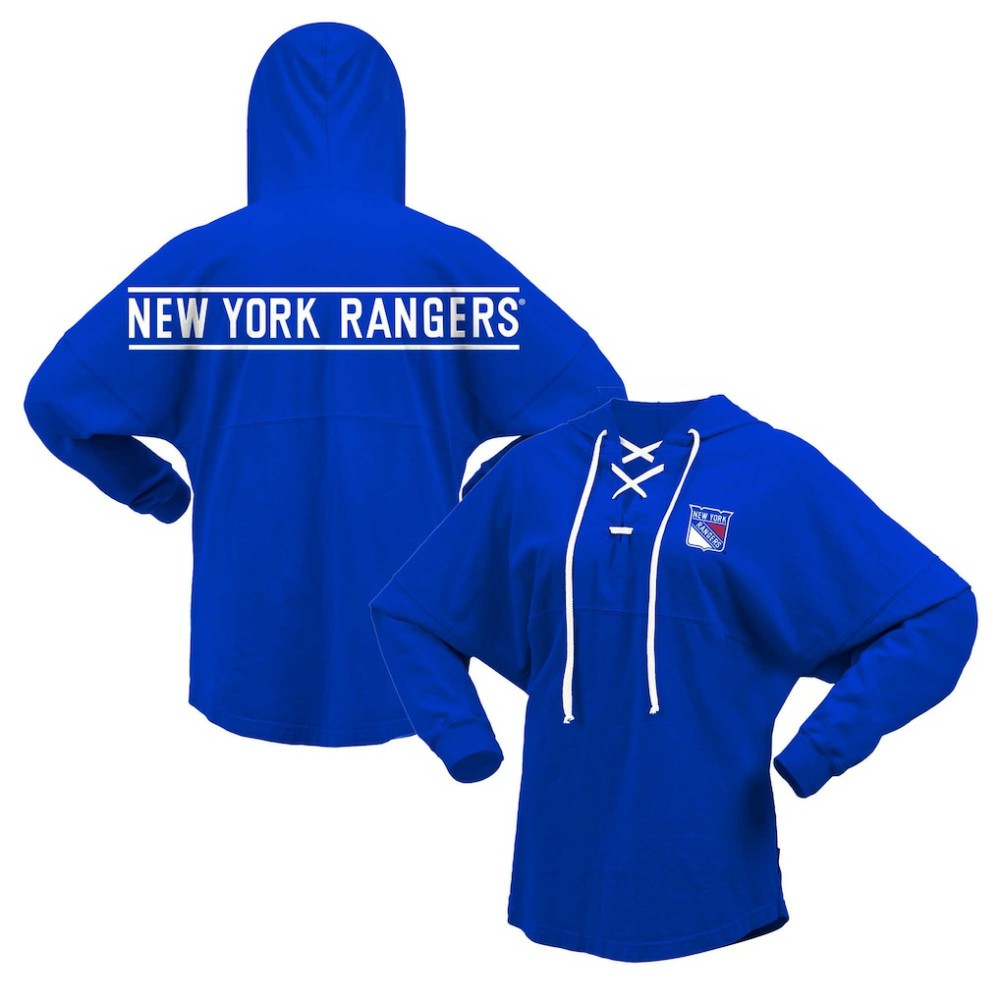 New York Rangers Fanatics Women's Jersey Lace-Up V-Neck Long Sleeve Hoodie T-Shirt - Blue - NHL