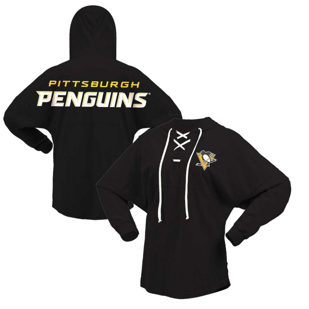 Pittsburgh Penguins Fanatics Women's Jersey Lace-Up V-Neck Long Sleeve Hoodie T-Shirt - Black - NHL