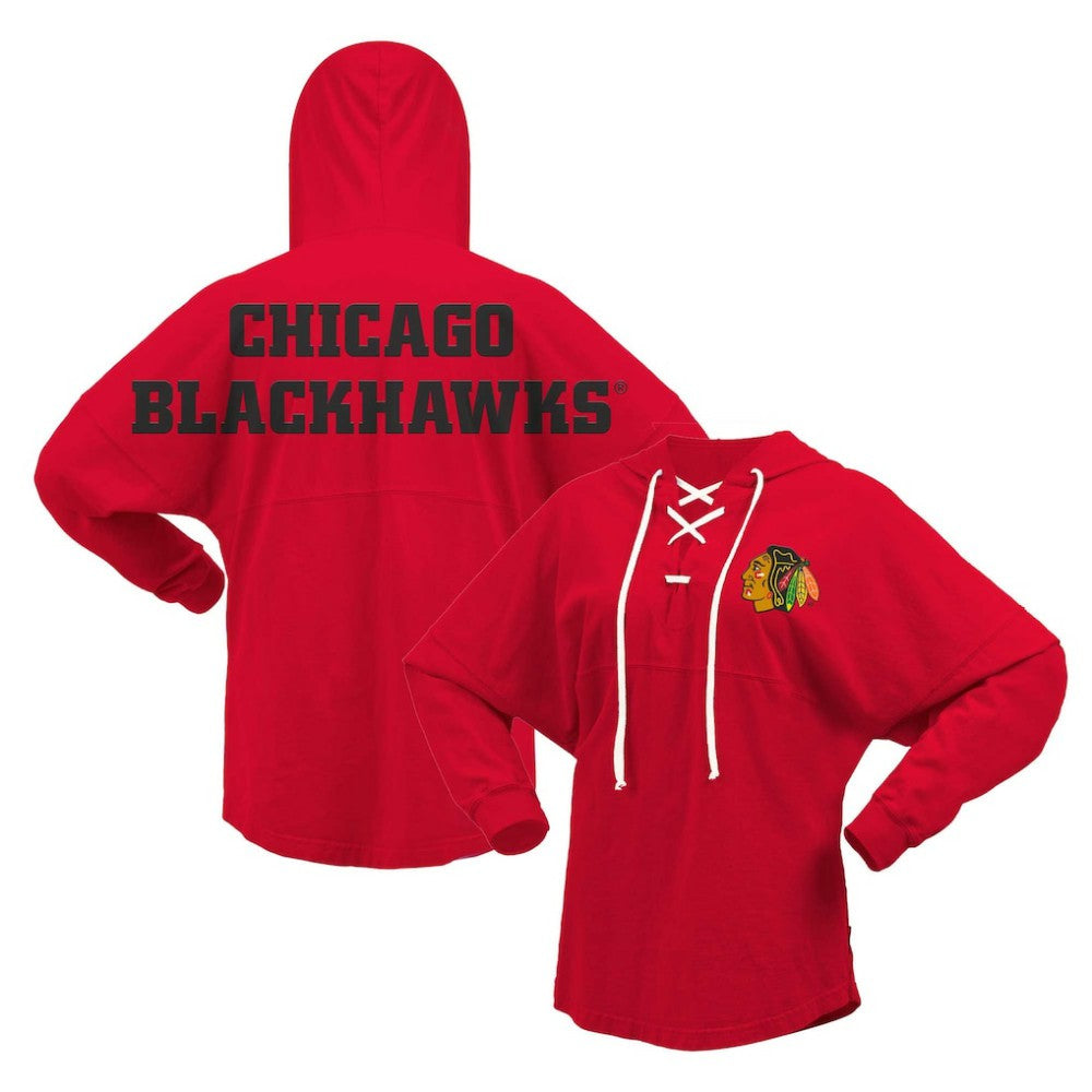 Chicago Blackhawks Fanatics Women's Jersey Lace-Up V-Neck Long Sleeve Hoodie T-Shirt - Red - NHL