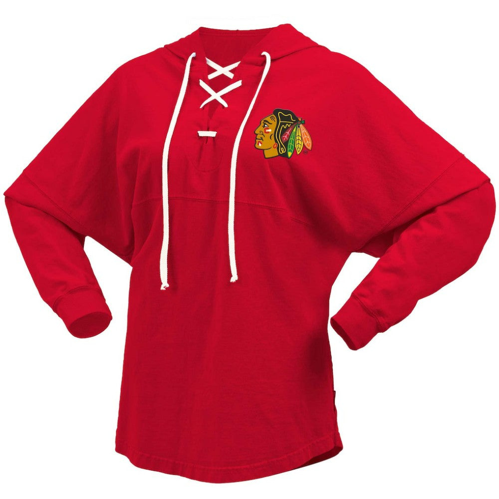 Chicago Blackhawks Fanatics Women's Jersey Lace-Up V-Neck Long Sleeve Hoodie T-Shirt - Red - NHL