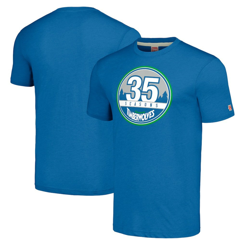 Minnesota Timberwolves Homage Unisex 35th Anniversary Hardwood Classics 35 Seasons Tri-Blend T-Shirt Royal - NBA