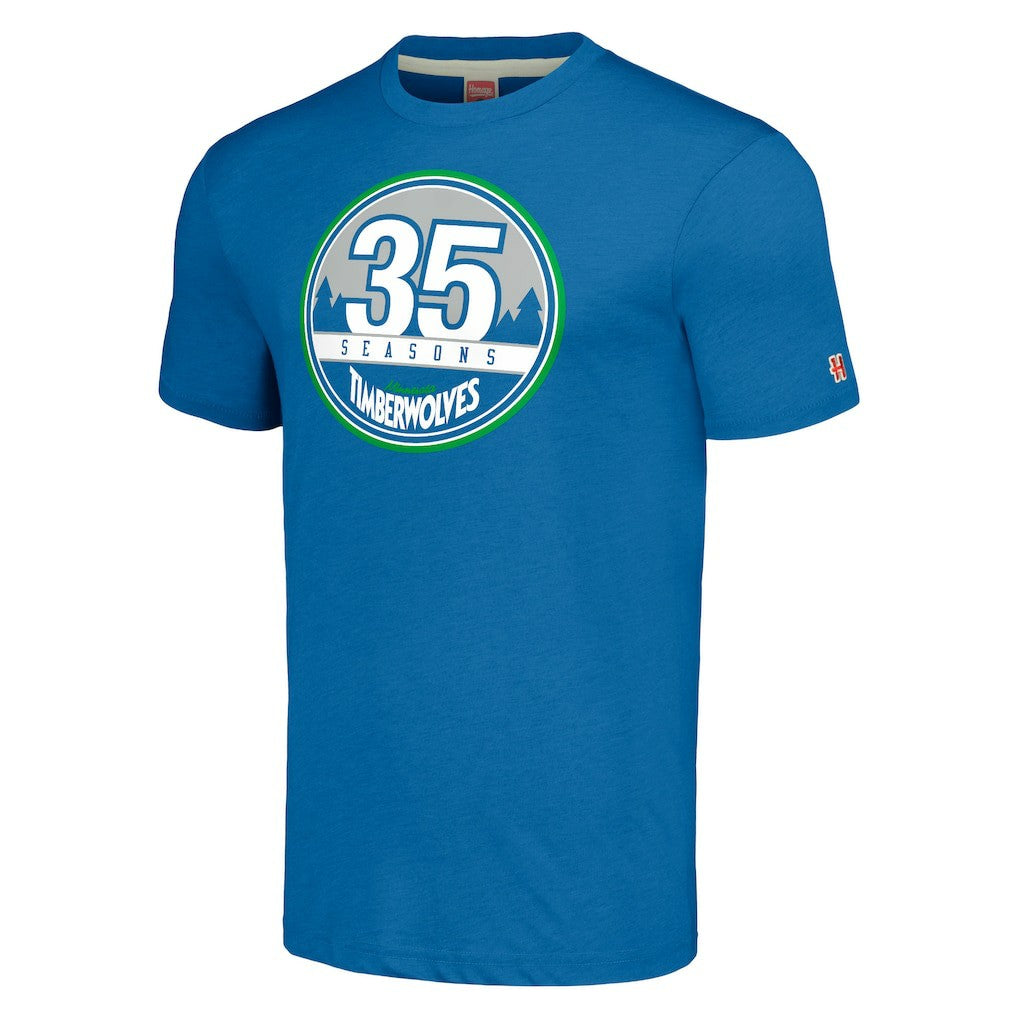 Minnesota Timberwolves Homage Unisex 35th Anniversary Hardwood Classics 35 Seasons Tri-Blend T-Shirt Royal - NBA