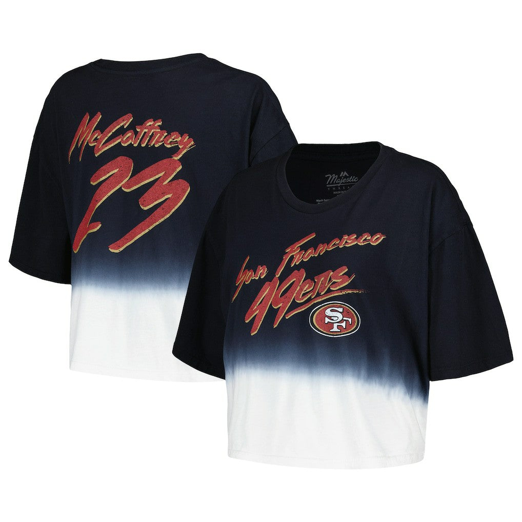 Christian McCaffrey San Francisco 49ers Majestic Threads Women's Dip-Dye Player Name & Number Crop Top Black/White | NFL