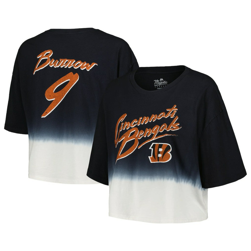 Joe Burrow Cincinnati Bengals Majestic Threads Women's Dip-Dye Player Name & Number Crop Top Black/White | NFL
