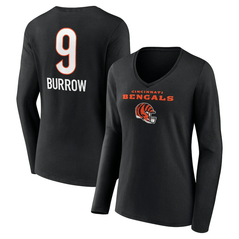 Joe Burrow Cincinnati Bengals Women's Team Wordmark Long Sleeve V-Neck T-Shirt Black | NFL