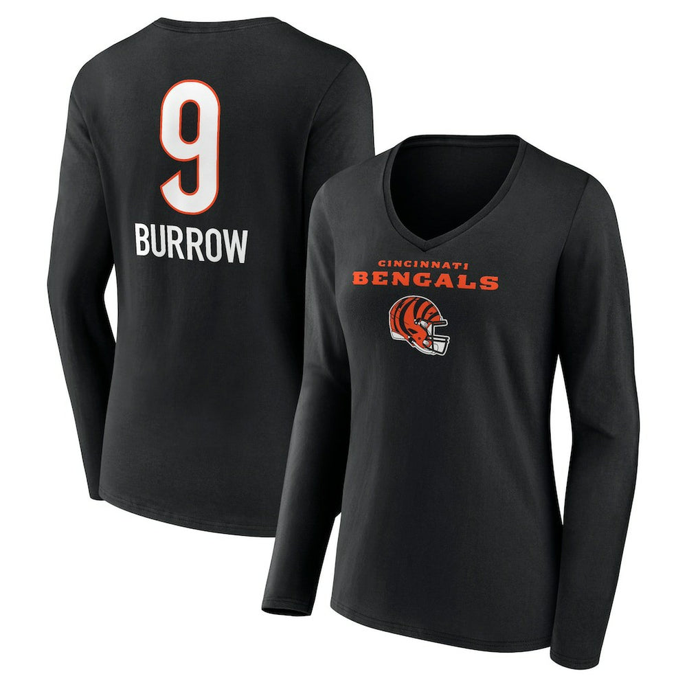 Joe Burrow Cincinnati Bengals Women's Team Wordmark Long Sleeve V-Neck T-Shirt Black | NFL