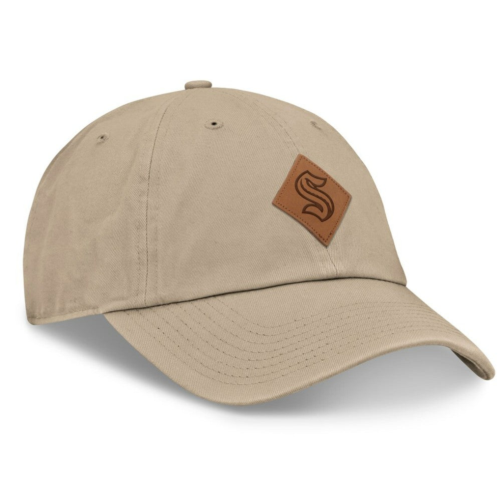 Seattle Kraken Fanatics Elements Unstructured Patch Leather Strapback Hat - Khaki - NHL